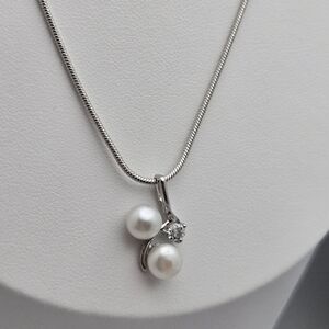 Real Pearl Necklace 20” Silver Plated Snake Chain Rhinestone White Freshwater